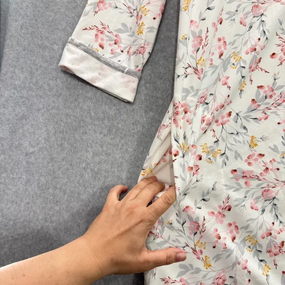 Miss Elaine Cotton Knit Full Zip Robe Housecoat Sz L White Pink Floral Pockets